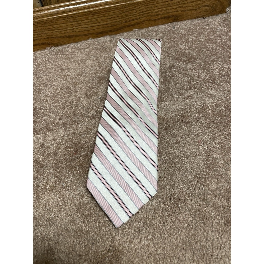 Pronto‎ Uomo Silk Neck Tie Pink White Grey Stripe Satin Finish 4"